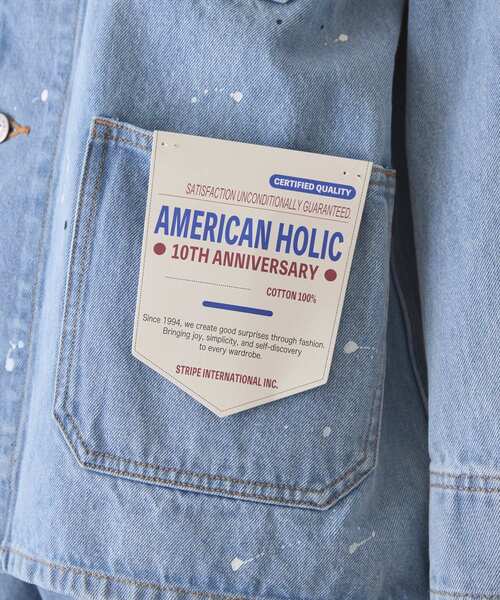 AMERICAN HOLIC（アメリカンホリック）の「ペイントデニムカバーオールジャケット（デニムジャケット・レディース・ライトインディゴブルー/インディゴブルー/ホワイト・FREE）」の11枚目の写真