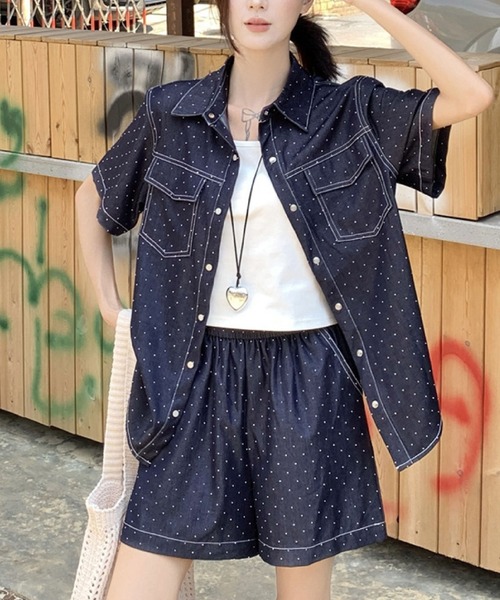 セール】ドットデニムセットアップ 半袖シャツ×ショートパンツ 大人