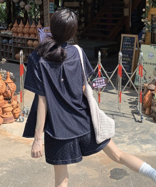 セール】ドットデニムセットアップ 半袖シャツ×ショートパンツ 大人