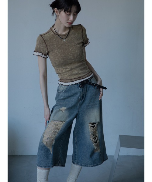 VACANCY(ヴァカンシー)の「クラッシュダメージハーフワイドデニム(デニムパンツ・レディース・ブルー・LARGE/MEDIUM/SMALL)」の10枚目の写真