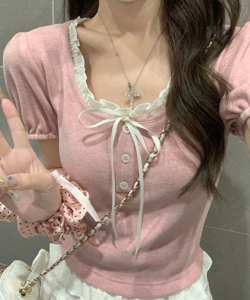 LUCPY(ラクピー)の「レースリボンレイヤード風トップス 半袖 フェミニン ガーリー(その他トップス・レディース・ピンク/グレー・LARGE/MEDIUM/SMALL)」の5枚目の写真