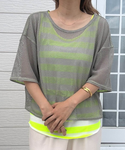 Q(キュー)の「メッシュプルオーバー(Tシャツ/カットソー・レディース・オリーブ/ブラック・MEDIUM)」の2枚目の写真