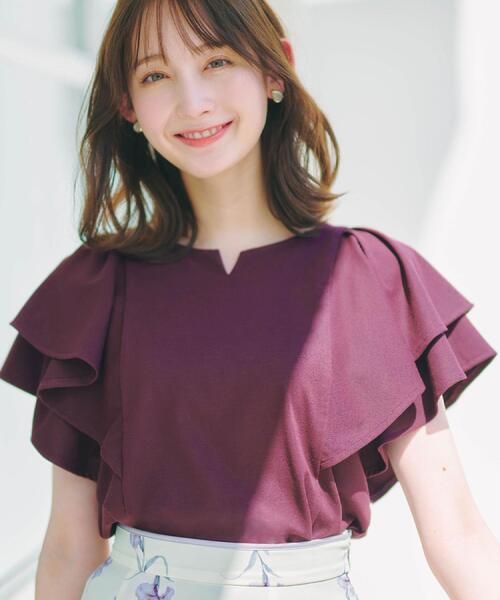 index（インデックス）の「【接触冷感】ダブルフレアキーネックトップス《UVケア／洗濯機OK》（Tシャツ/カットソー・レディース・ボルドー/ネイビー/オフホワイト/ベージュ系その他7・40/38/36/42）」の5枚目の写真