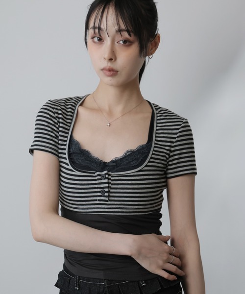 Ulysses(ユリシス)の「フェイクレイヤード切り替えトップス(Tシャツ/カットソー・レディース・ダークグレー・S/M)」の2枚目の写真
