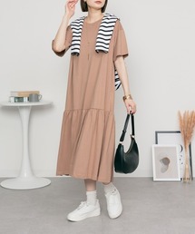半袖 裾ティアードワンピース コットン100% ロング丈 Aライン