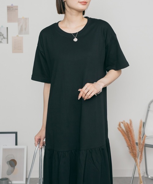 MARAI(マーライ)の「半袖 裾ティアードワンピース コットン100% ロング丈 Aライン(ワンピース・レディース・チャコールグレー/ブラック/モカ・LL~3L/4L~5L/M~L)」の22枚目の写真