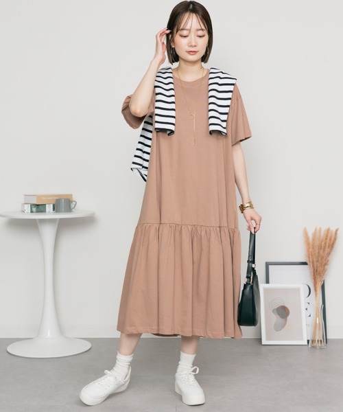 MARAI(マーライ)の「半袖 裾ティアードワンピース コットン100% ロング丈 Aライン(ワンピース・レディース・チャコールグレー/ブラック/モカ・LL~3L/4L~5L/M~L)」の12枚目の写真