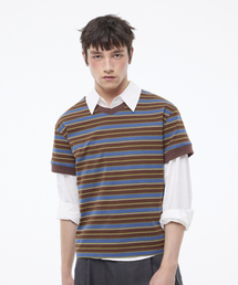 LEARVE（ルアブ）の「レイヤーストライプVネックTシャツブルー（Tシャツ/カットソー）」