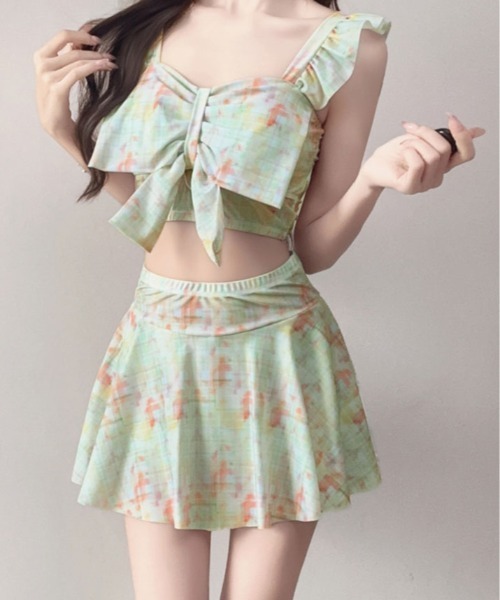 チェックリボン水着Check Ribbon pastel green セール】【2点セット】フロント リボン チェック柄 ビキニ 水着（水着