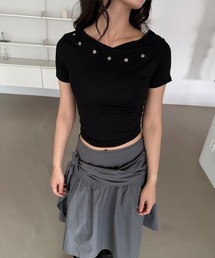 アイレット 無地 ボートネック 半袖 Tシャツ
