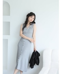 襟付きフロントボタンリブニットワンピース