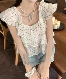 ボリュームフリル小花柄シフォンブラウス ノースリーブトップス