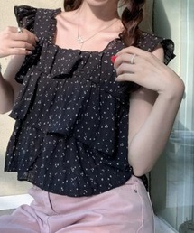 ボリュームフリル小花柄シフォンブラウス ノースリーブトップス