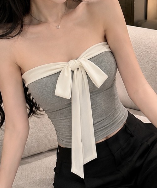 NoBelle（ノベル）の「フロントリボンチューブトップ　2wayワンホンお姉さん系オフショルダー（チューブトップ・レディース・ホワイト/グレー/ブラック・FREE）」の3枚目の写真
