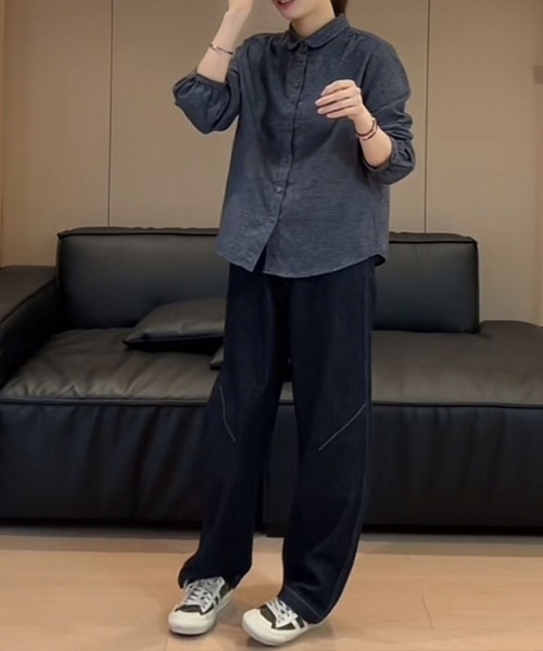 Flugge(フラッジー)の「チェック柄オーバーサイズシャツ(シャツ/ブラウス・レディース・ブルー・MEDIUM/LARGE)」の7枚目の写真