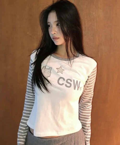 CATSAVETHEWORLD(キャットセーブザワールド)の「◇CATSAVETHEWORLD◇ブランド直輸入正規品/Mine キャットストライプ長袖Tシャツ Mine Cat Stripe Long Sleeve Tee(Tシャツ/カットソー・レディース・グレー/ブラック・FREE)」の1枚目の写真