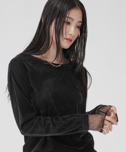 GLOBAL WORK(グローバルワーク)の「袖シアーベロア長袖T/1052816(Tシャツ/カットソー・レディース・ブラック/ダークブラウン/チャコールグレー・MEDIUM/LARGE)」の1枚目の写真
