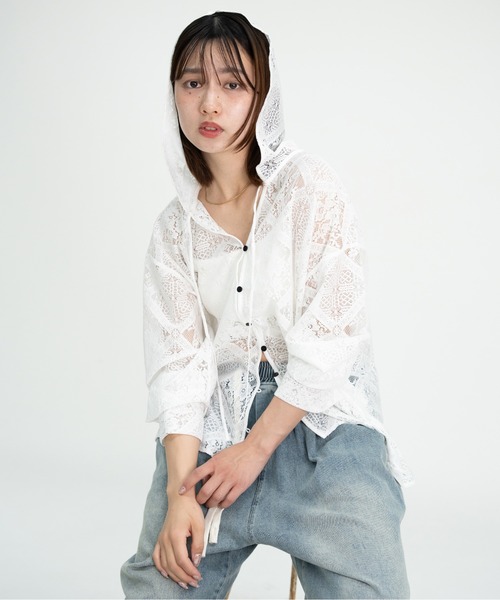 bashful base Oriental（バッシュフルベースオリエンタル）の「【bbO】ブロックレースフーデッドシャツブラウス（シャツ/ブラウス・レディース・ホワイト・FREE）」の5枚目の写真