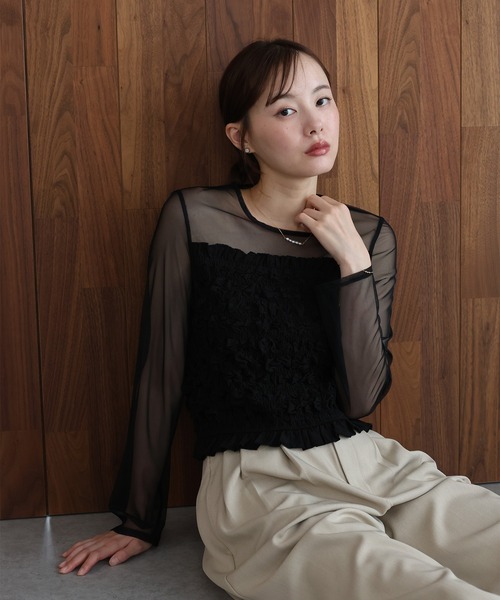 J by blue(ジェイバイブルー)の「シャーリングビスチェドッキングカットソー(Tシャツ/カットソー・レディース・ブラック/ベージュ/ブラウン・MEDIUM)」の1枚目の写真