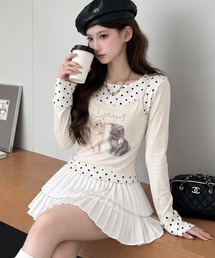 HALEY PESCA/キャットプリント ドットレイヤード風 長袖トップス