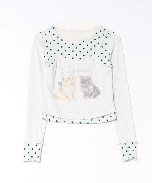 HALEY PESCA(ヘーリーペスカ)の「HALEY PESCA/キャットプリント ドットレイヤード風 長袖トップス(Tシャツ/カットソー・レディース・ベージュ/ライトブルー/グレー/ホワイト・FREE)」の2枚目の写真