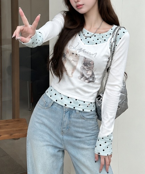 HALEY PESCA(ヘーリーペスカ)の「HALEY PESCA/キャットプリント ドットレイヤード風 長袖トップス(Tシャツ/カットソー・レディース・ベージュ/ライトブルー/グレー/ホワイト・FREE)」の5枚目の写真