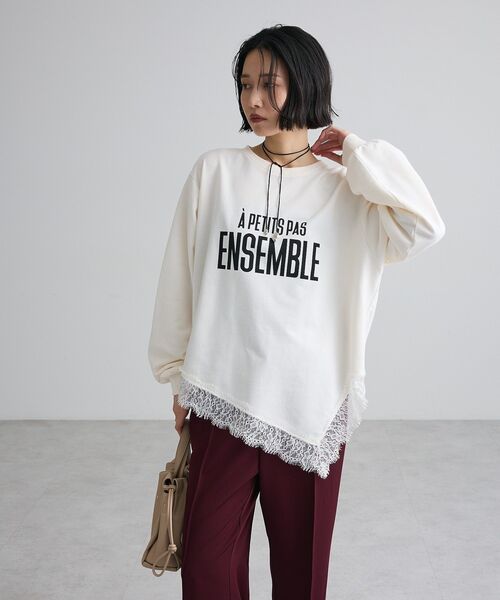 Green　Parks（グリーンパークス）の「レースドッキングロゴ裏毛プルオーバー（Tシャツ/カットソー・レディース・オフホワイト/チャコールグレー/サックスブルー・FREE）」の6枚目の写真