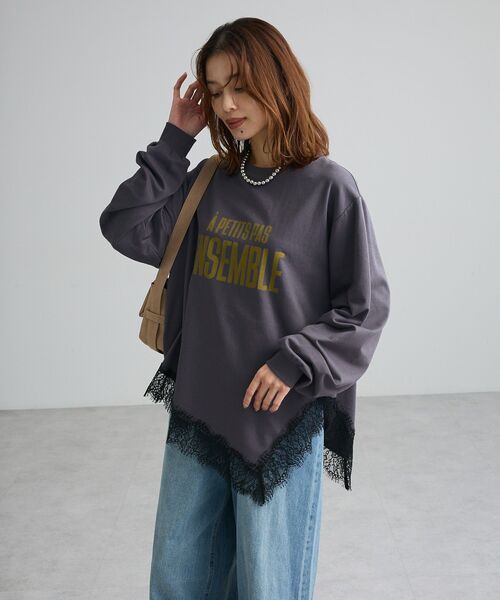 Green　Parks（グリーンパークス）の「レースドッキングロゴ裏毛プルオーバー（Tシャツ/カットソー・レディース・オフホワイト/チャコールグレー/サックスブルー・FREE）」の15枚目の写真