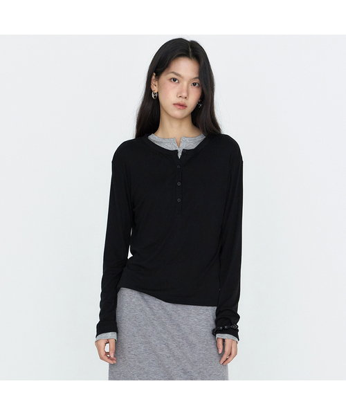 MONGDOL（モンドル）の「ウール・テンセル ヘンリーネック長袖Tシャツ MDTS112_6 Colors（Tシャツ/カットソー・レディース・ホワイト/ブラック/ライトグレー/ブラウン/ベージュ/ピンク・F）」の2枚目の写真