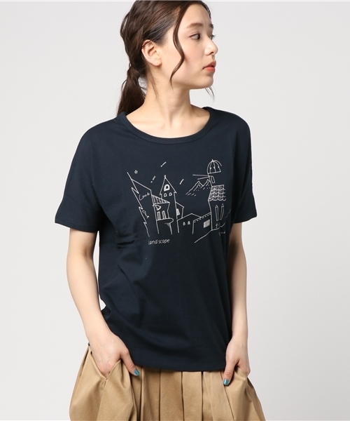 POU DOU DOU（プードゥドゥ）の「ランドスケーププリントドルマンTシャツ（Tシャツ/カットソー・レディース・ネイビー/オフホワイト/グレー・3）」の3枚目の写真