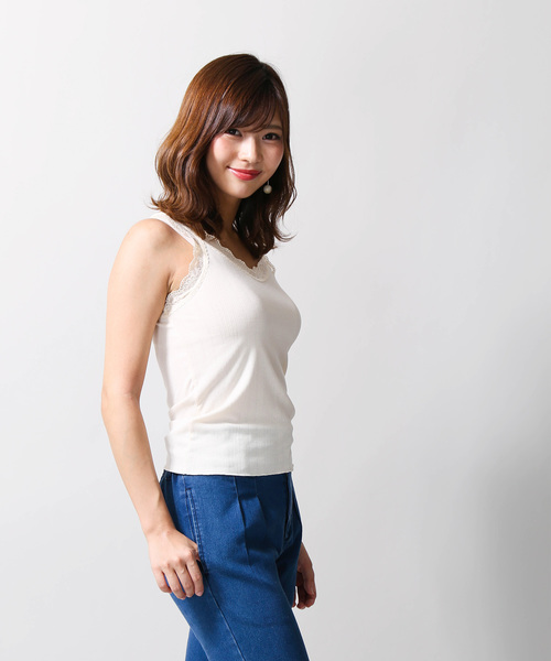 WEGO（ウィゴー）の「WEGO/レース付き2WAYリブタンクトップ（タンクトップ・レディース・オフホワイト/ブラック/ブラウン/ライトピンク/ベージュ・FREE）」の8枚目の写真