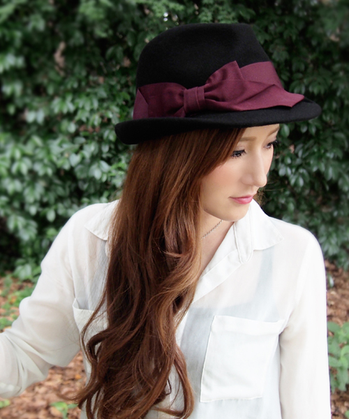 polcadot（ポルカドット）の「ふくれつばリボンフェルト中折れ/小さめサイズ（ハット・レディース・ベージュ/ネイビー/ブラック×ブラック/ブラック×レッド/ワイン・フリー）」の3枚目の写真