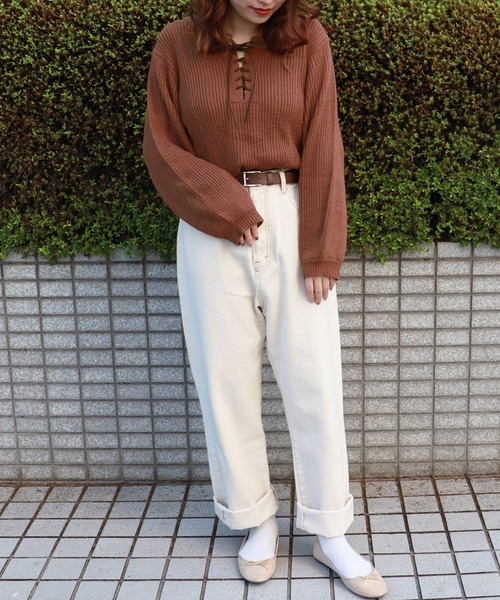 PairPair（ペアペア）の「編み上げ袖ボリュームニットプルオーバー（ニット/セーター・レディース・ピンク/アイボリー/モカ・FREE）」の7枚目の写真