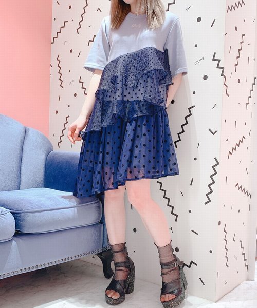 lilLilly(リルリリー)の「ドットティアードワンピース(ワンピース)」|ブルー