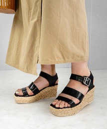 ざっくり編みラフィアヒールのストラップウェッジサンダル □