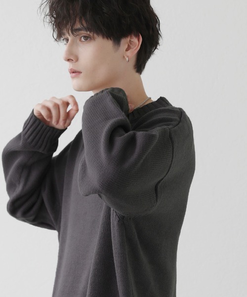 ウォッシャブル5ゲージロングオーバーサイズ クルーネックニット