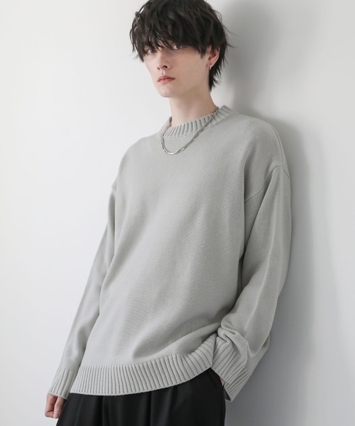 ウォッシャブル5ゲージロングオーバーサイズ クルーネックニット