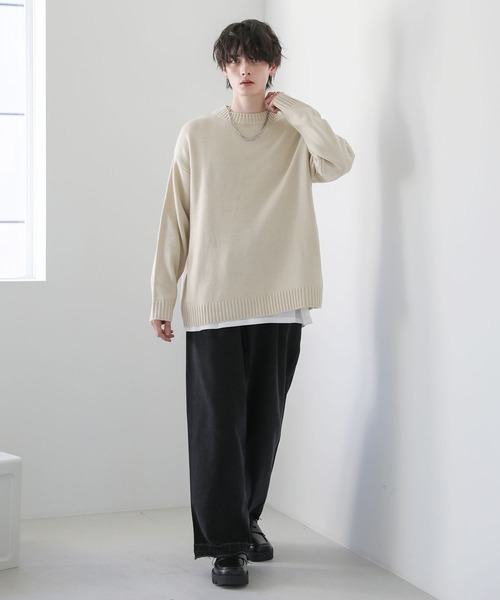 ウォッシャブル5ゲージロングオーバーサイズ クルーネックニット