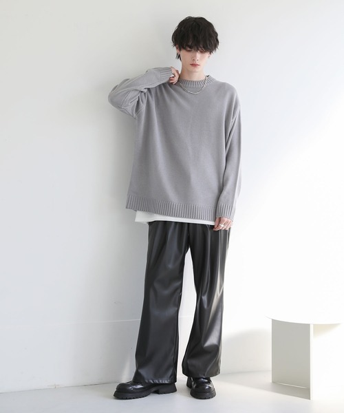 ウォッシャブル5ゲージロングオーバーサイズ クルーネックニット