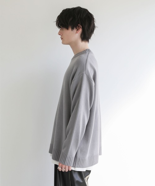ウォッシャブル5ゲージロングオーバーサイズ クルーネックニット