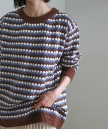 2020 A/W クルーネックボーダー柄ニット/ラウンドネックリブスリーブオーバーサイズニット