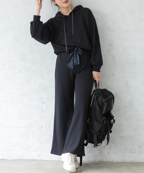 Mysa&Liina（ミーサリーナ）の「ポンチパーカーロングパンツセットアップ（ルームウェア/パジャマ・レディース・チャコールグレー/ブラック/ベージュ/サックスブルー/ライトグリーン・M/L）」の2枚目の写真