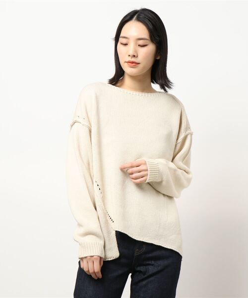 HONEYSUCKLE ROSE（ハニーサックルローズ）の「【HONEYSUCKLE ROSE】アシメ切り替えニット（ニット/セーター・レディース・オフホワイト/ブルー/グレー・M/L）」の2枚目の写真