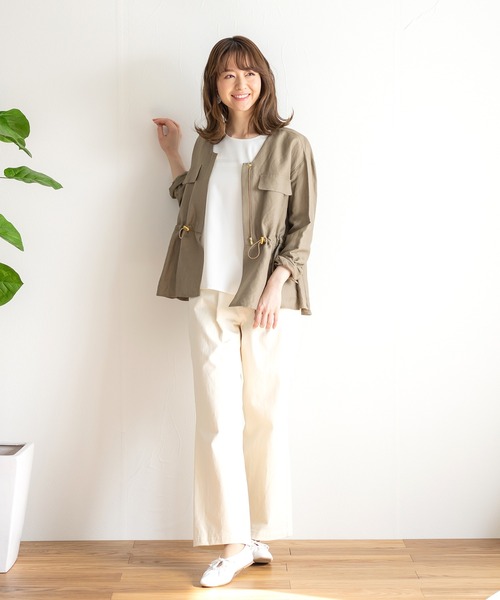 Emilyan（エミリアン）の「【2021SS】リネンツイル・ウエストシャーリングデザインブルゾン（ブルゾン・レディース・アイボリー/カーキ・9号）」の4枚目の写真