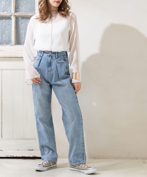 Newlyme（ニューリーミー）の「配色メロウ楊柳シフォンインナー付きトップス（シャツ/ブラウス・レディース・ブラック/オフホワイト/ベージュ/グリーン/ピンク・MEDIUM）」の6枚目の写真