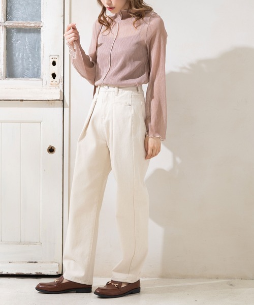 Newlyme（ニューリーミー）の「配色メロウ楊柳シフォンインナー付きトップス（シャツ/ブラウス・レディース・ブラック/オフホワイト/ベージュ/グリーン/ピンク・MEDIUM）」の8枚目の写真