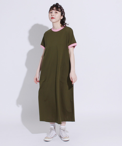 CHILD WOMAN（チャイルドウーマン）の「シルケット天竺 配色ワンピース（ワンピース・レディース・ブラック/サックスブルー/ブルー/ブラウン/レッド/イエロー/カーキ・FREE）」の4枚目の写真