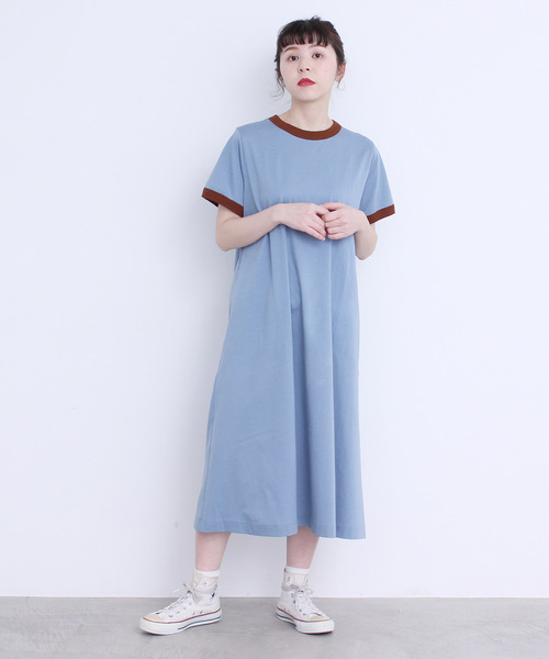 CHILD WOMAN（チャイルドウーマン）の「シルケット天竺 配色ワンピース（ワンピース・レディース・ブラック/サックスブルー/ブルー/ブラウン/レッド/イエロー/カーキ・FREE）」の5枚目の写真