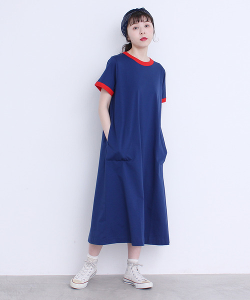 CHILD WOMAN（チャイルドウーマン）の「シルケット天竺 配色ワンピース（ワンピース・レディース・ブラック/サックスブルー/ブルー/ブラウン/レッド/イエロー/カーキ・FREE）」の6枚目の写真