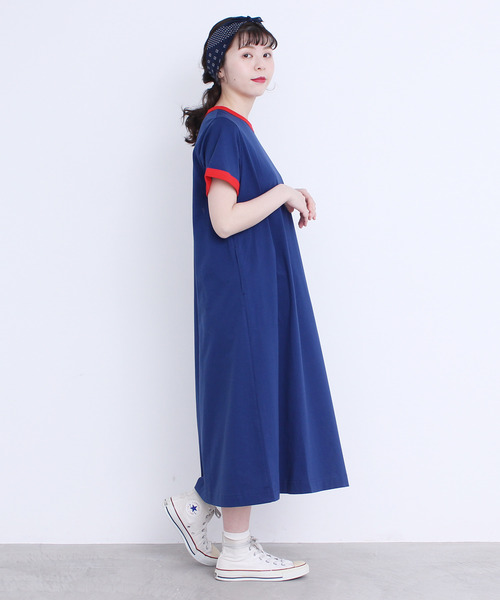 CHILD WOMAN（チャイルドウーマン）の「シルケット天竺 配色ワンピース（ワンピース・レディース・ブラック/サックスブルー/ブルー/ブラウン/レッド/イエロー/カーキ・FREE）」の8枚目の写真